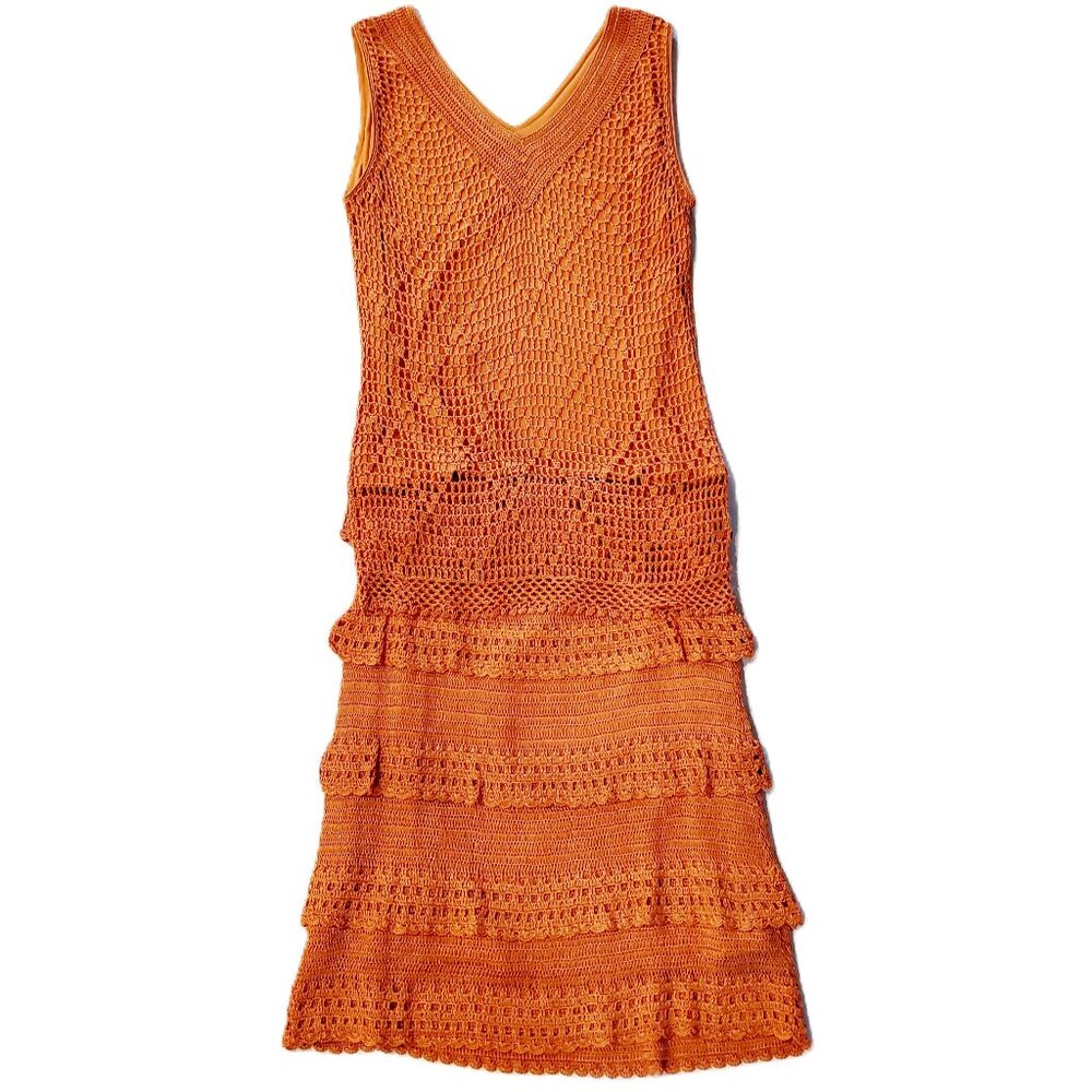 Vintage Orange Crochet Top & Skirt Outfit Sleeveless V Neck Flapper Style Dress